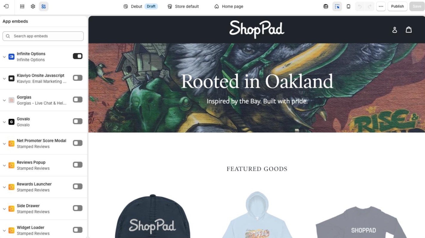 The App embeds panel in the theme editor, where each app is switched on for the new theme.