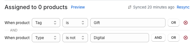 One option set assigned to every product tagged Gift, except products of type Digital.