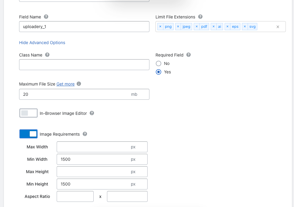 Upload rules reject the wrong file types, oversized files and low-resolution images before the customer can add to cart.